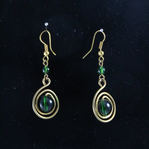 Handmade East African Brass Green Ceramic Beaded Drop Earrings Pair - Picture 3 of 4